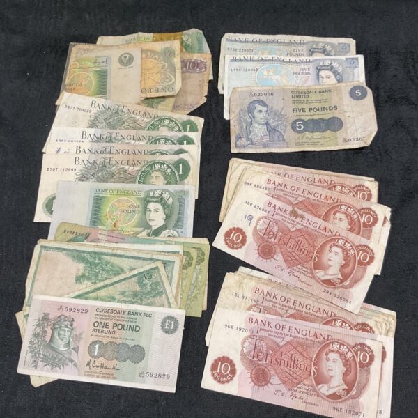 Vintage British banknotes collection, including Clydebank notes.