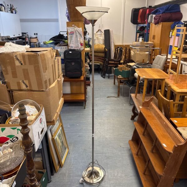 Tall brushed steel floor standing lamp in a room setting.
