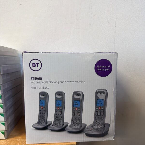 Four BT5960 cordless phone handsets presented as viewed.