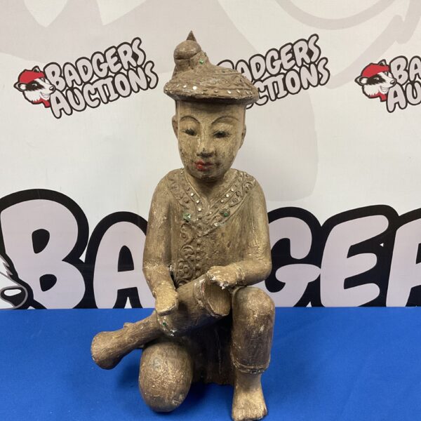 Vintage Burmese musician sculpture with detailed carving and painted accents.