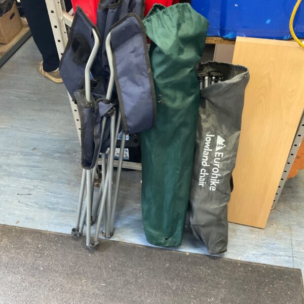 Three folding camping chairs including a Eurohike Lowland model.