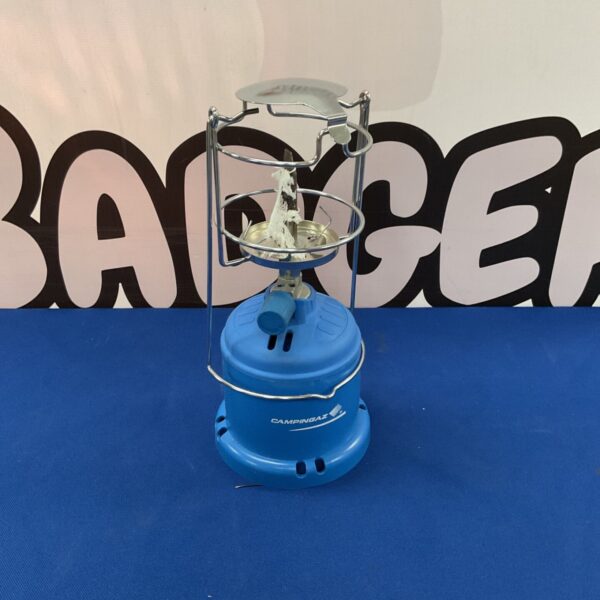 Vintage Campingaz 206L gas lamp with blue enamel shade.