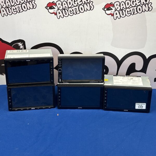 Four car radio screens with Android interface, automotive entertainment system.