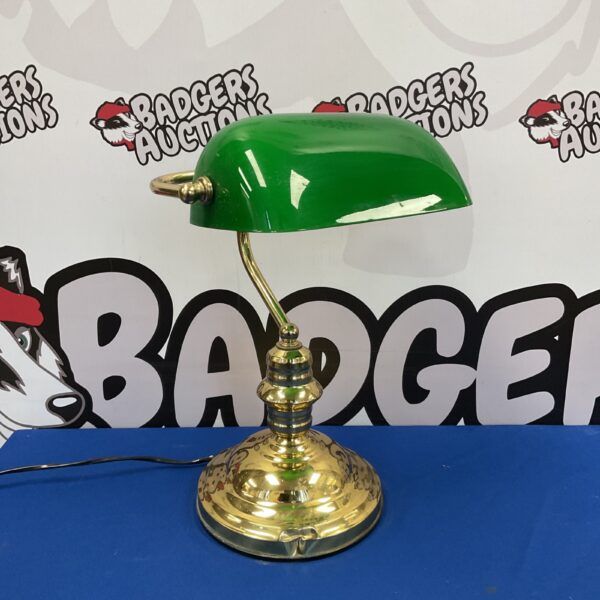 Vintage Carramar bankers lamp with brass and green glass shade.