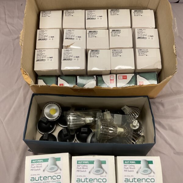 Assorted Lumife ceiling spotlights and LED bulbs in original packaging.