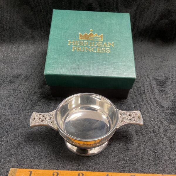 Ornate Celtic pewter quaich cup in its original box.