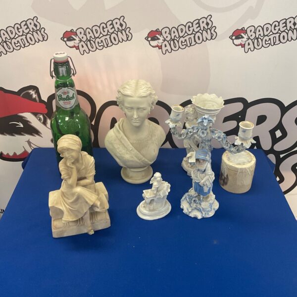 Ceramic figurine lot featuring a bust and candelabra.