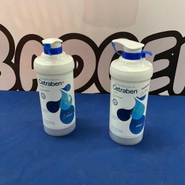 Two bottles of Cetraben dermatological cream for dry skin relief.