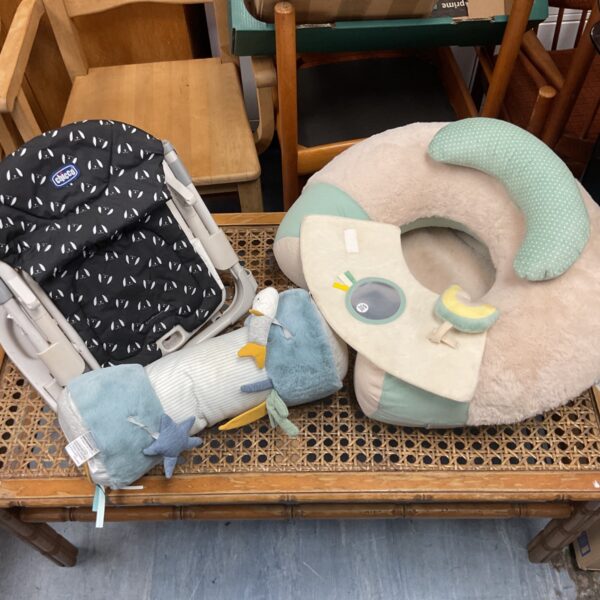Chicco baby chair set with inflatable seat and mirror toy.