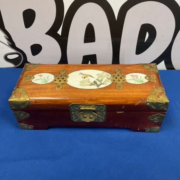 Antique Chinese jewellery box with hand painted ceramic tiles.