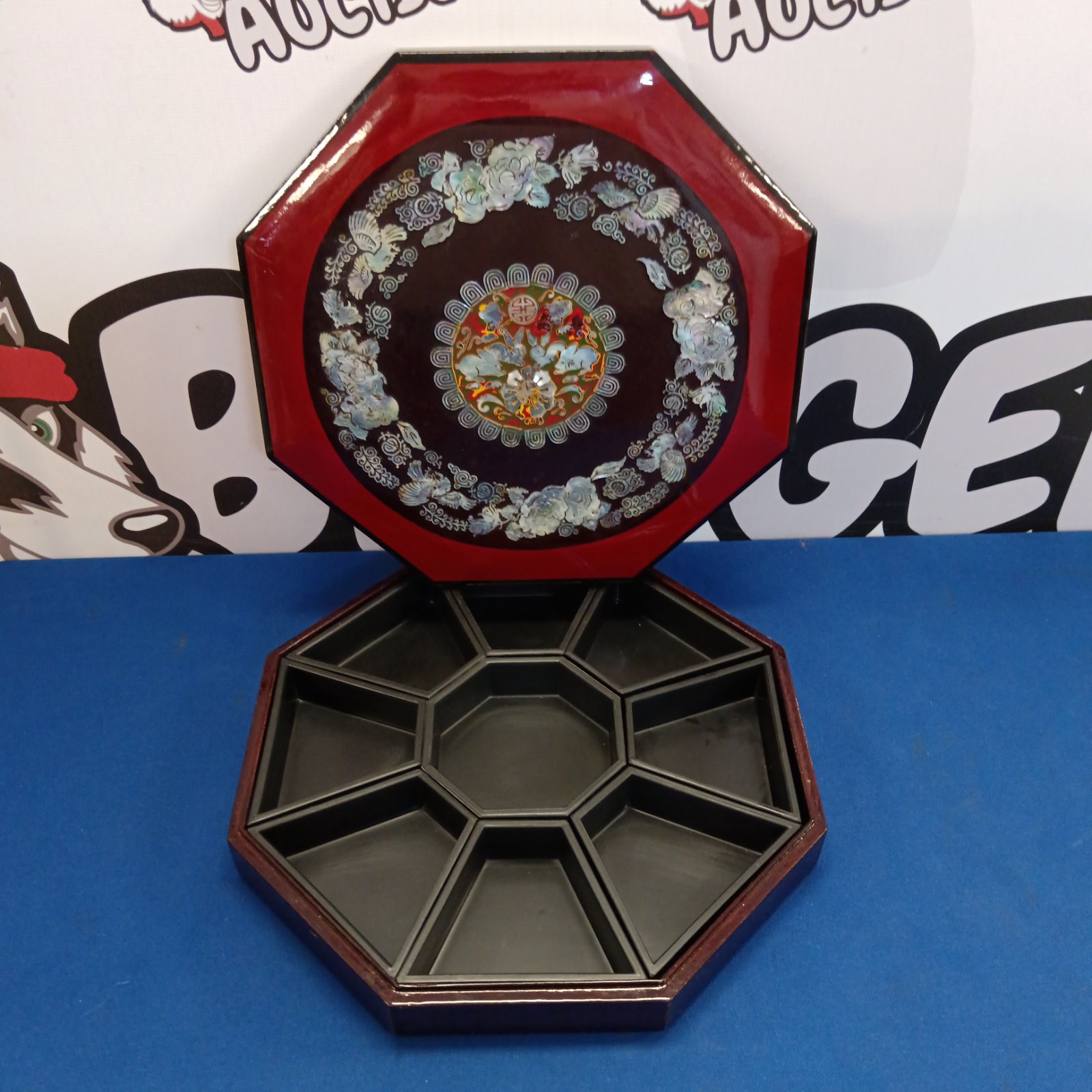 Intricate Chinese mother of pearl inlayed tray for serving appetizers.
