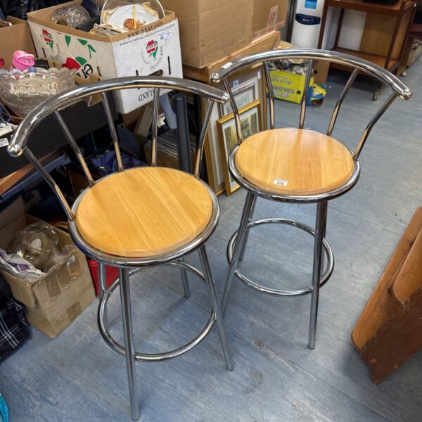Pair of vintage chrome and pine breakfast bar stools.