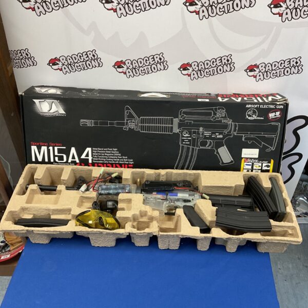 Classic Army M15A4 airsoft rifle, black polymer body, tactical design.