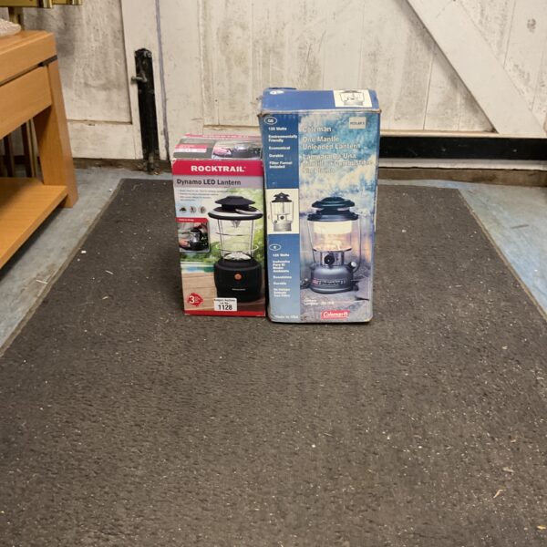 Pair of vintage and modern Coleman and Rocktrail lanterns for camping.
