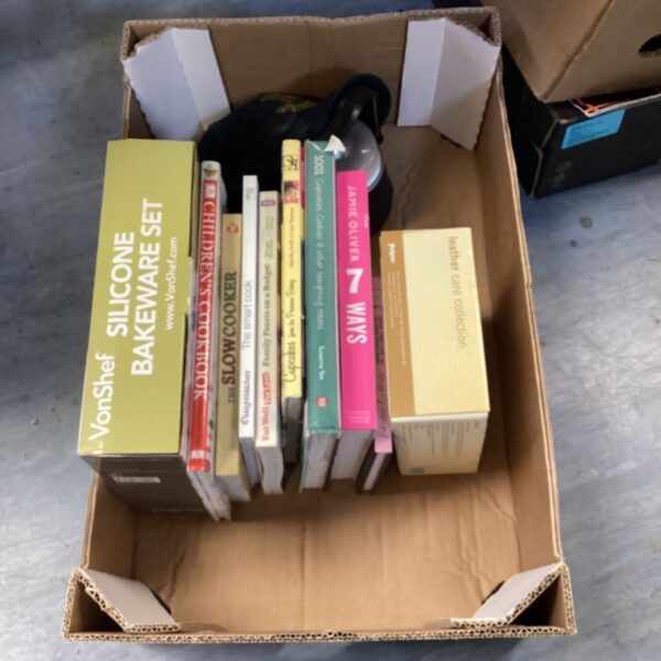 Box of assorted cooking books including Jamie Oliver titles.