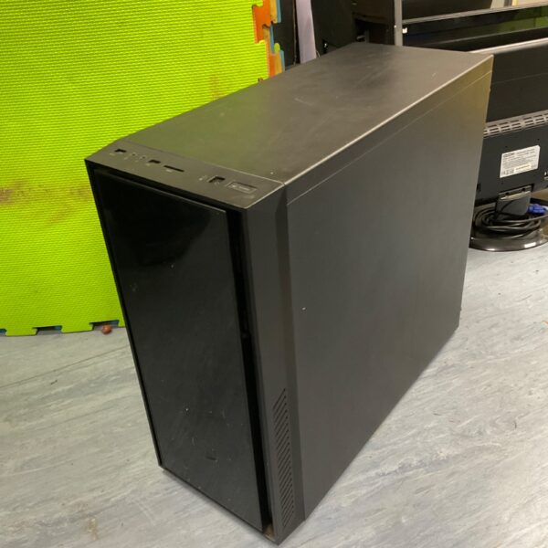 Black Coolermaster gaming PC case with side panel window.