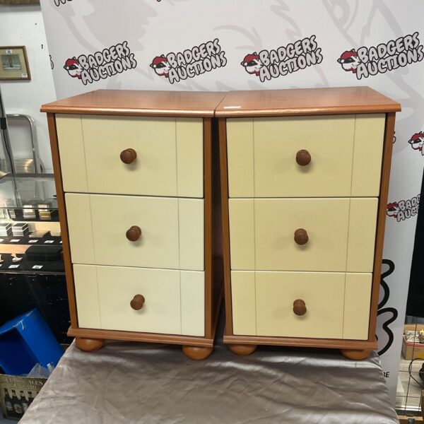 Vintage cream bedside tables, a pair of three-drawer bedroom furniture.