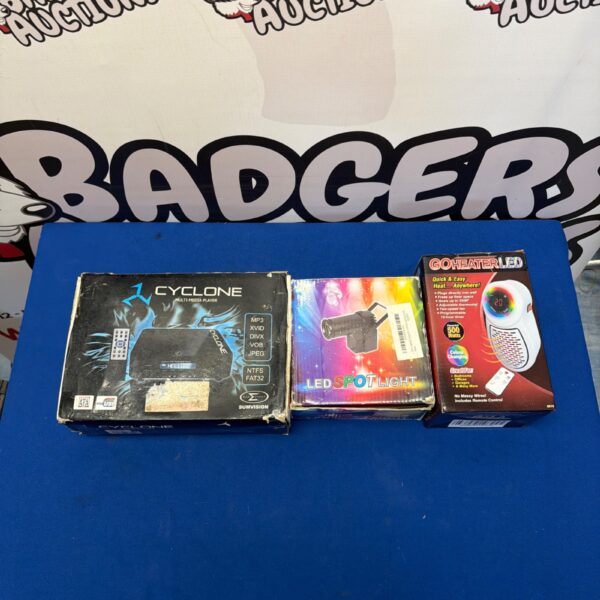 Cyclone multimedia player with LED spotlight and go heater.