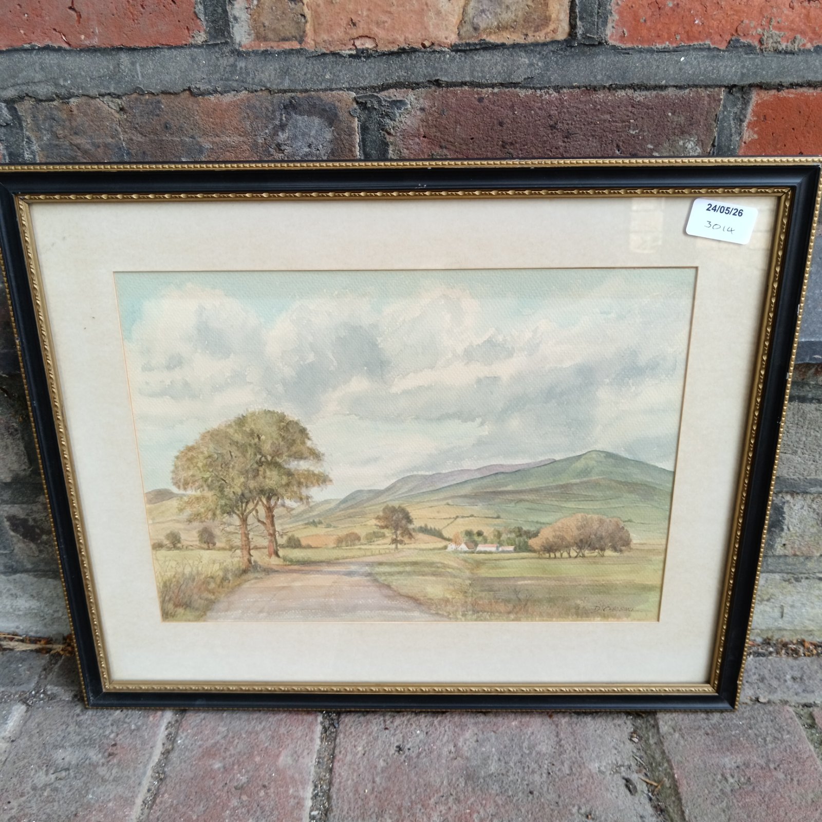 D Chadbone watercolour painting of a rural landscape with mountains.