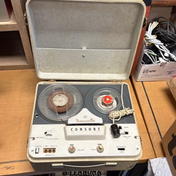 Vintage Dansette Consort reel to reel tape recorder in brown case.