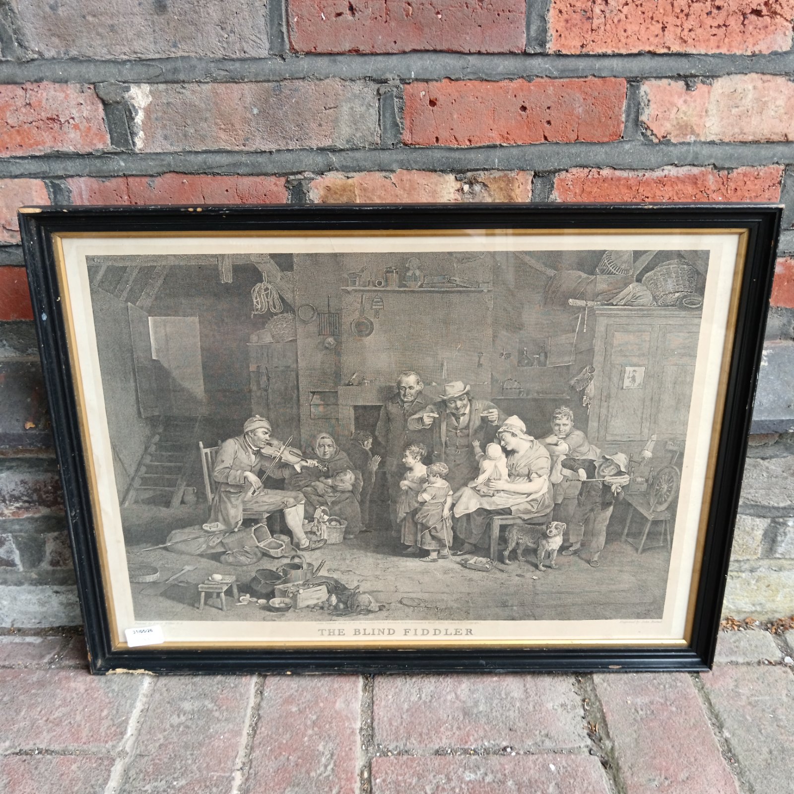 Framed antique engraving of David Wilkie’s “The Blind Fiddler” artwork.