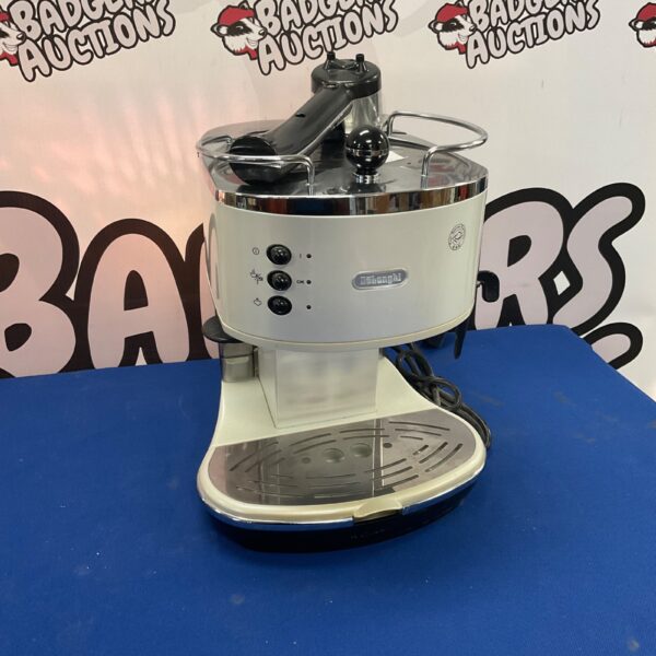 Front view of a vintage DeLonghi espresso coffee machine.