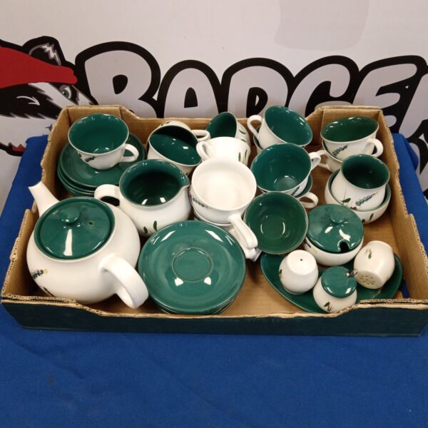 Vintage Denby Green Wheat pottery teacups, saucers and teapot set.