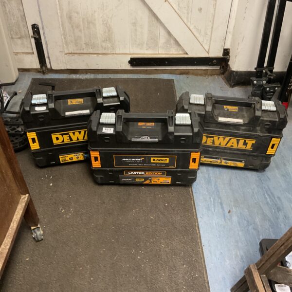 Dewalt Tstak storage boxes including McLaren Formula 1 limited edition.