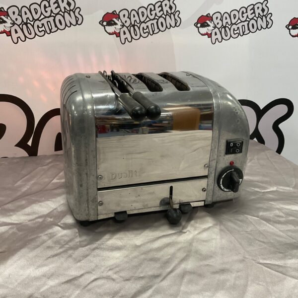Vintage Dualit toaster in stainless steel, a classic kitchen appliance.