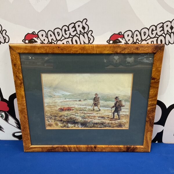 Edward Hobday 1904 watercolour painting of game hunters with a hound.