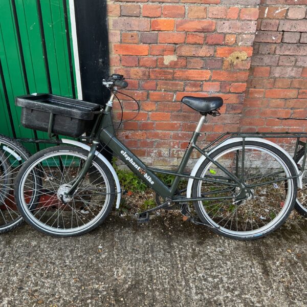 Vintage Elephant Shopping Bike with front basket, side view.