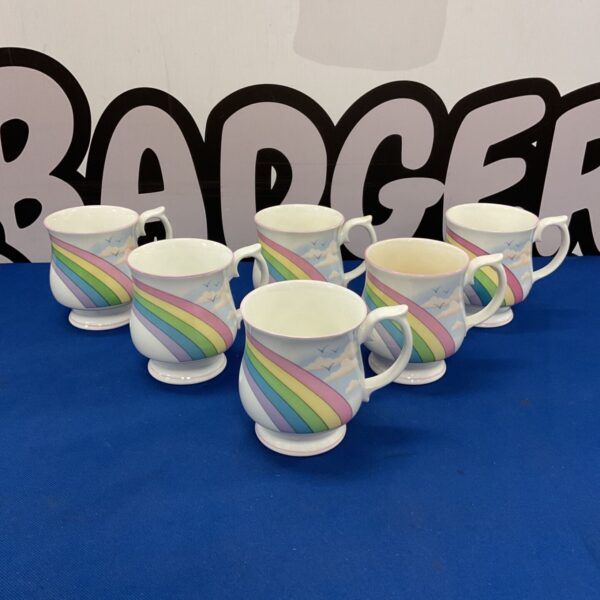 Set of six vintage Elizabethan Over the Rainbow mugs.