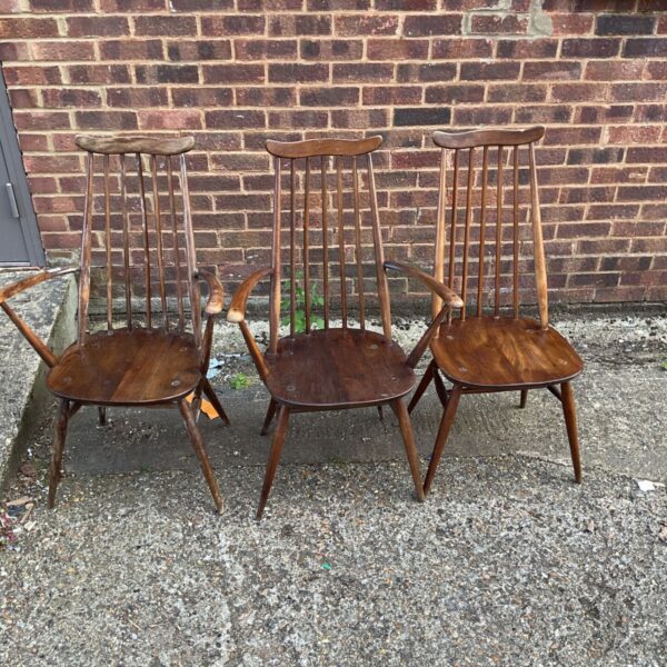 Vintage Ercol Windsor carver chairs set of three, mid century modern.