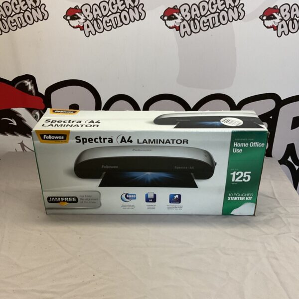 Fellowes Spectra A4 laminator in original packaging with pouches.