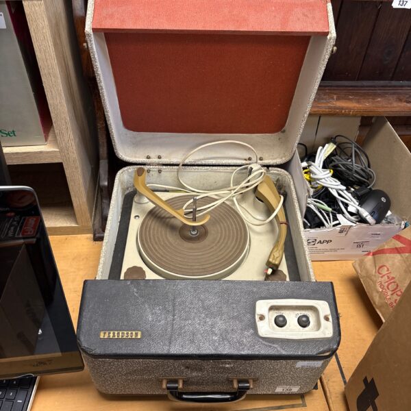 Vintage Ferguson record player, model 395G, in grey suitcase style.