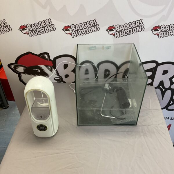 Small fish tank and white bladeless fan lot for auction.