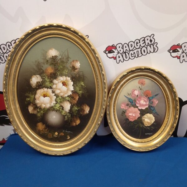 Antique floral still life paintings in gilt frames by J Cooper & Sehonfeld.