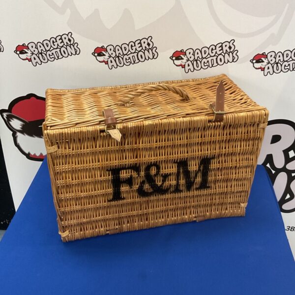 Vintage F & M wicker picnic basket with handle.