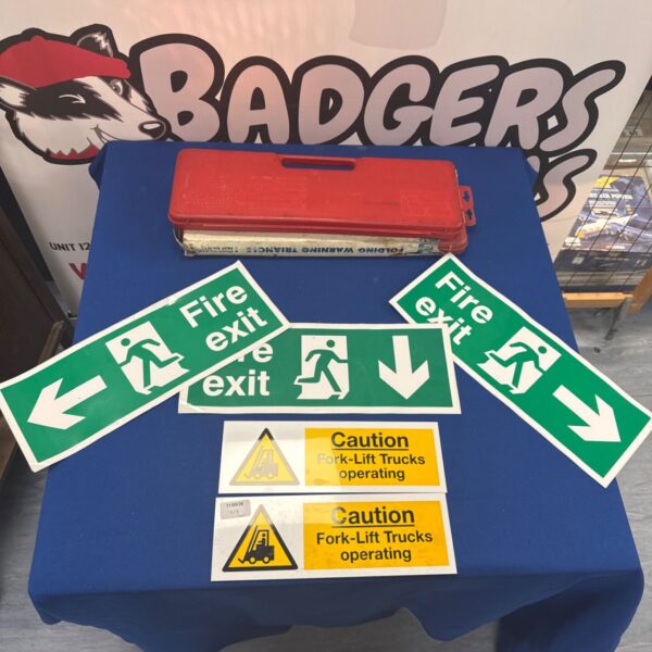 Folding warning triangles and health & safety stickers lot for sale.