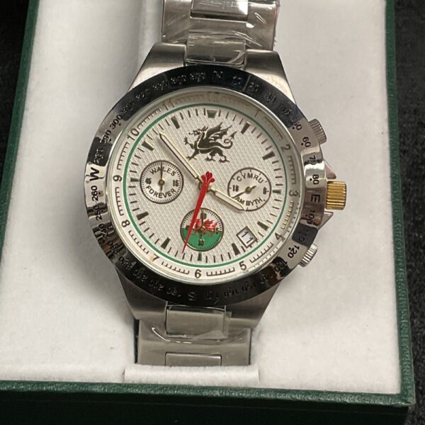 Forever Wales chronograph watch in presentation box.