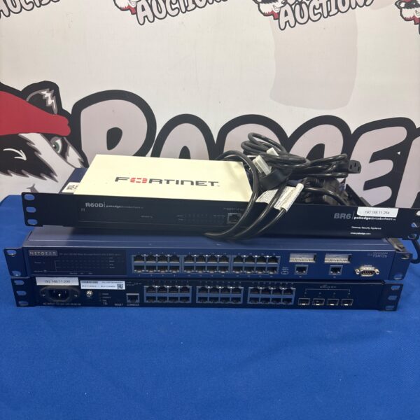 Network server lot featuring Fortinet and Netgear equipment for data communication.