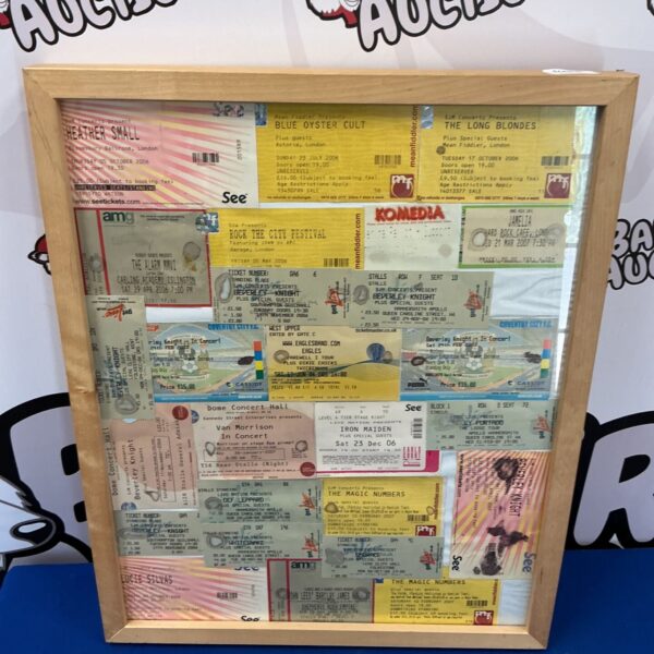 Framed concert tickets featuring Iron Maiden at Earls Court.