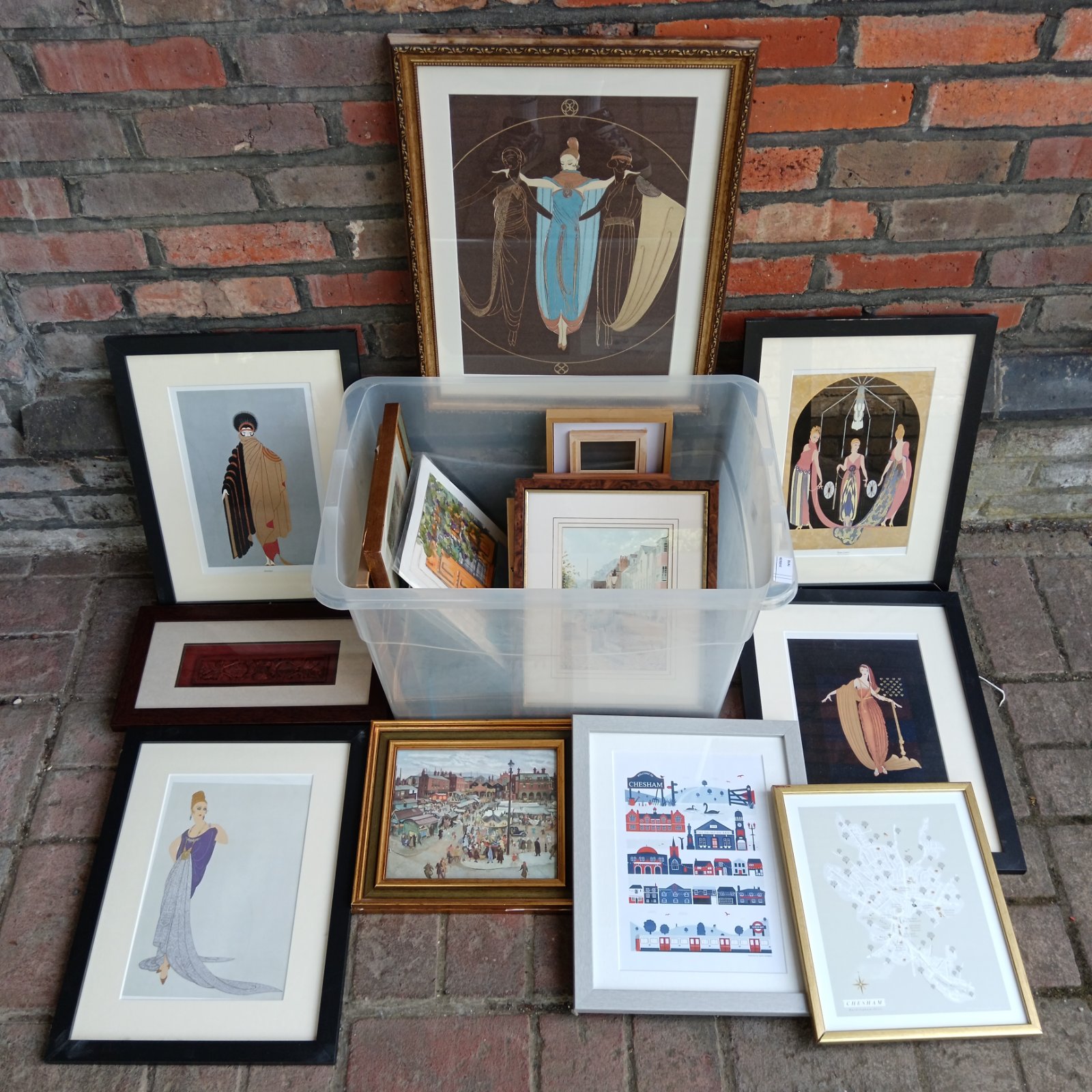 Mixed lot of framed vintage prints and artwork including Art Deco ladies.