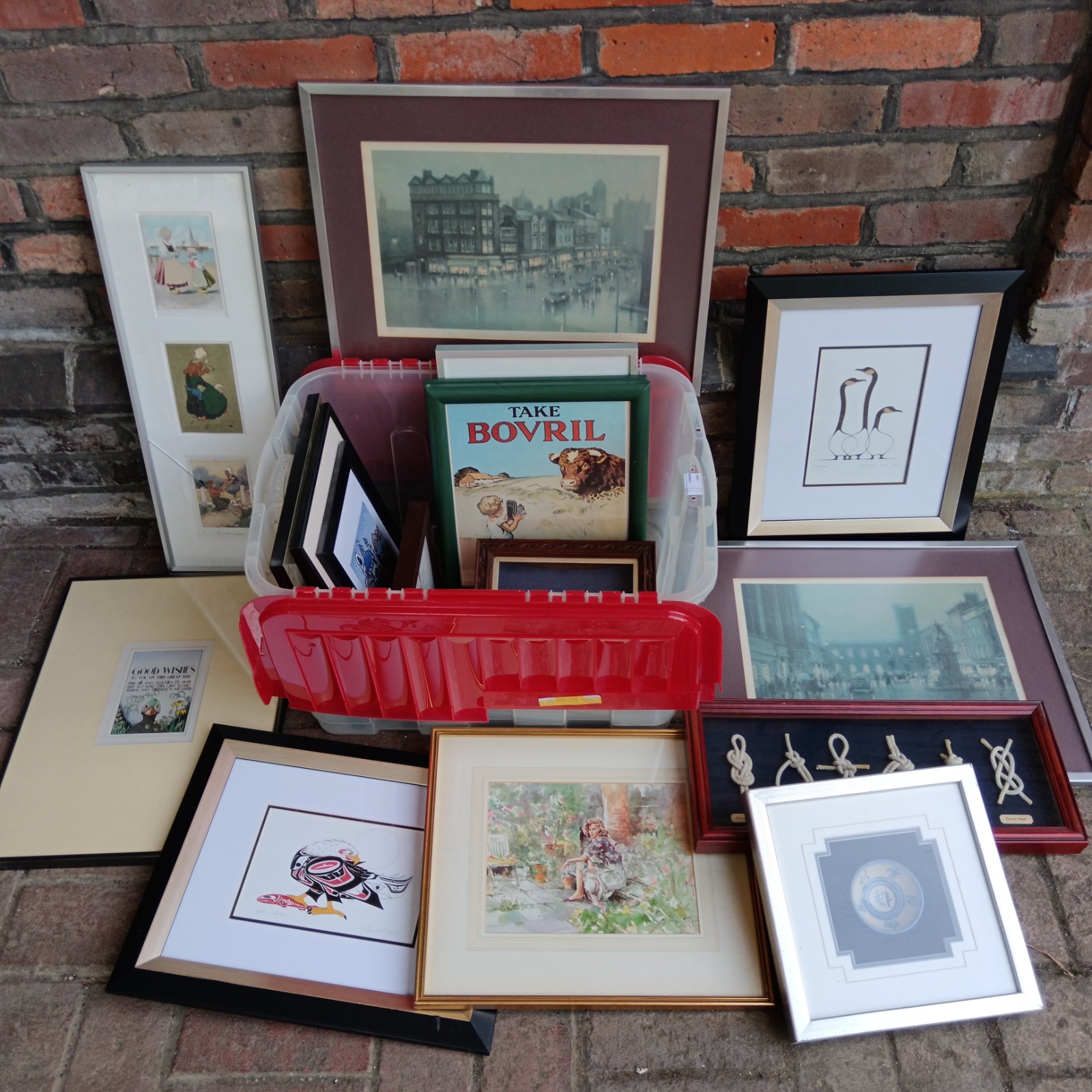 Mixed lot of framed prints and artwork including a Bovril print.