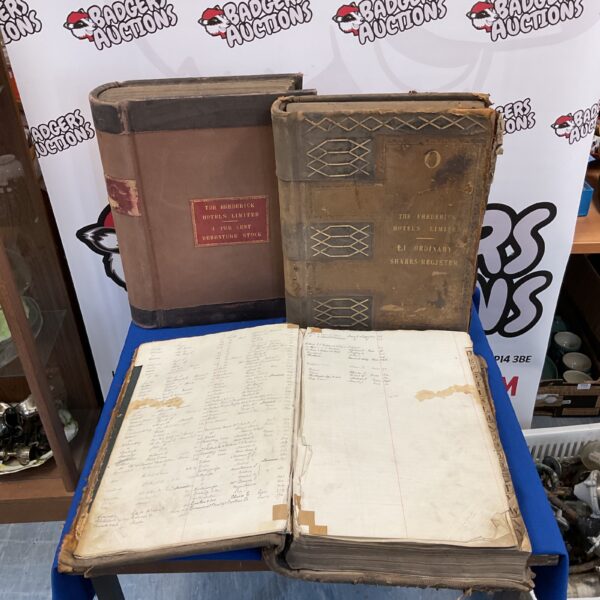 Antique Frederick Hotels Limited share ledgers, front covers visible.