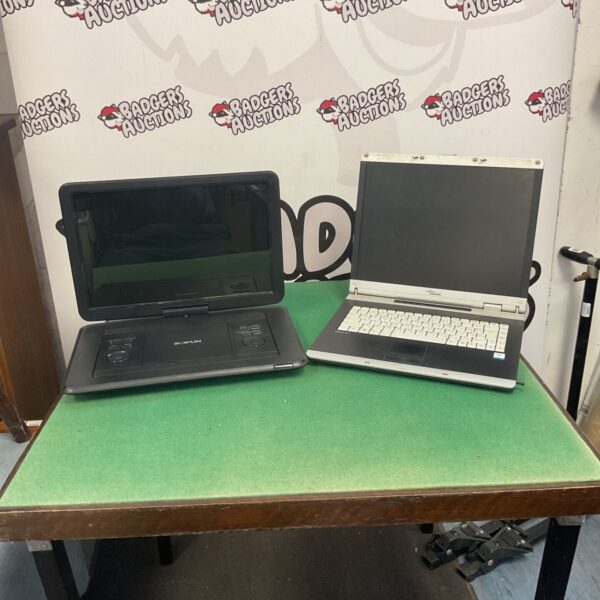 Vintage Fujitsu laptop and Boifun portable DVD player lot.