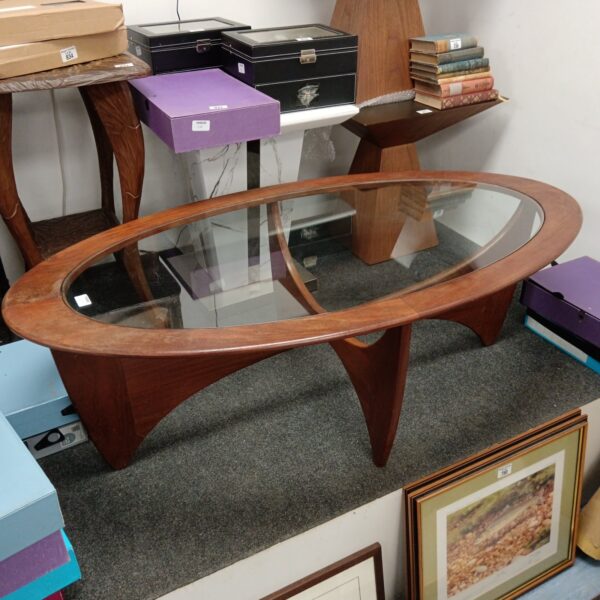 Vintage G Plan Astro coffee table with glass top and splayed legs.