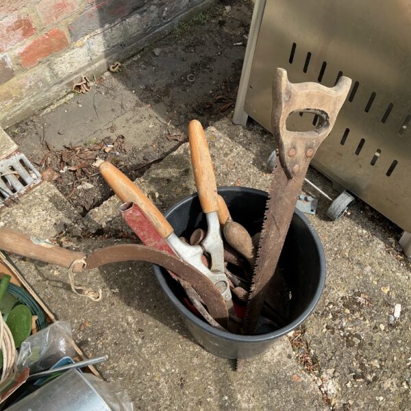 Rusty vintage garden tools in a bucket for collectors.