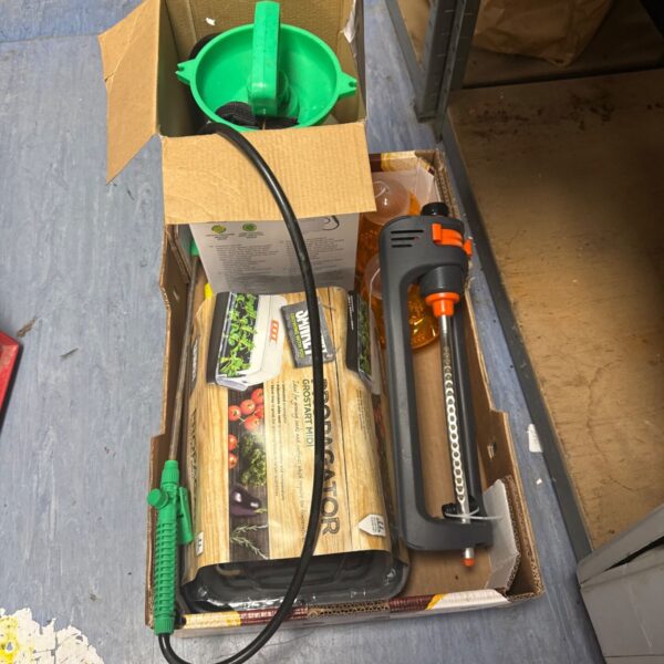 Gardening bundle with pressure sprayer and seed propagator for plant care.