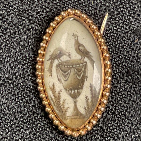 Georgian navette brooch with sepia miniature doves of Pliny in gold.